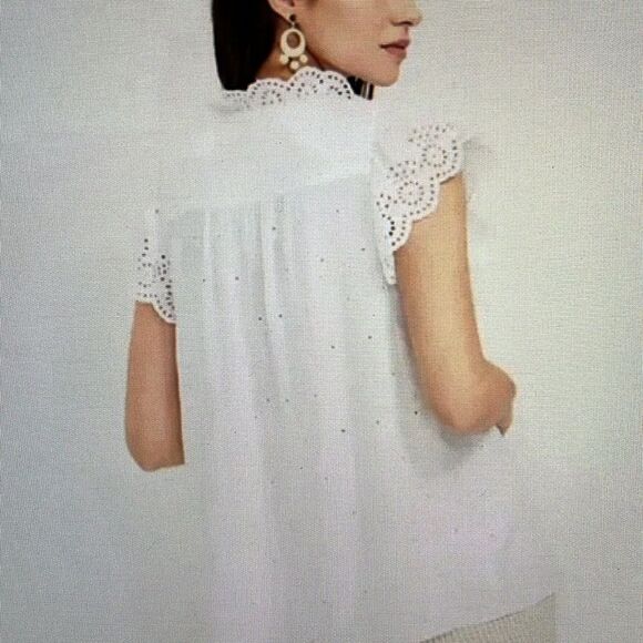 New! LOFT Eyelet Lace Ruffle Scalloped Top in White Size Medium NWT - Picture 3 of 12